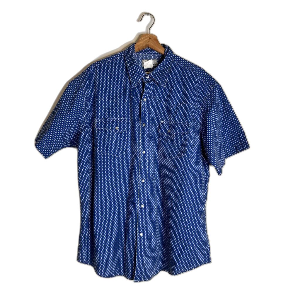 Wrangler Wrancher Shirt Mens XL Blue Green Geometric Pearl Snap Western Rodeo